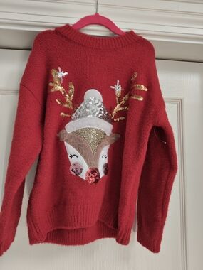 NEW F&F Red Girls' Festive Sequin Reindeer Sweater